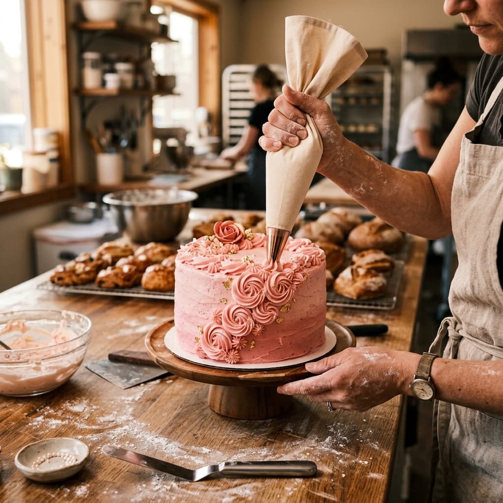 Our baker crafting a beautiful cake